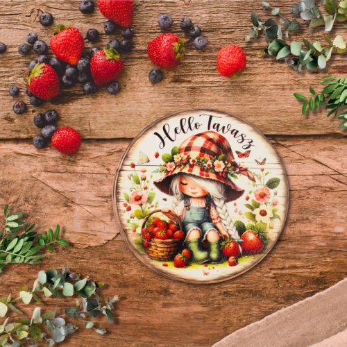 Nyomtatott fa tábla - Hello tavasz kislány koszorú közép 11,8cm