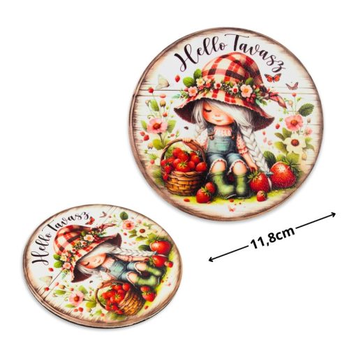 Nyomtatott fa tábla - Hello tavasz kislány koszorú közép 11,8cm