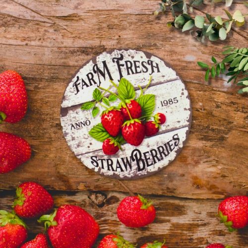 Nyomtatott fa tábla - Eper farm koszorú közép 11,8cm