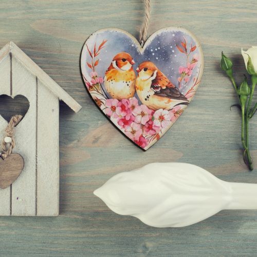 Nyomtatott dekorkarton - Szív táblák 3db/cs Madárkák virágon