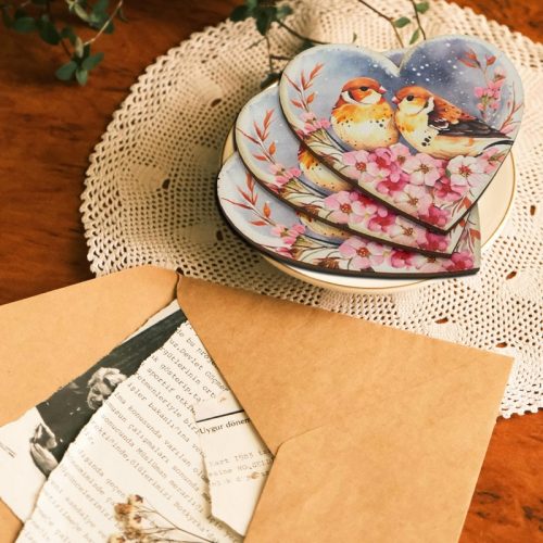 Nyomtatott dekorkarton - Szív táblák 3db/cs Madárkák virágon