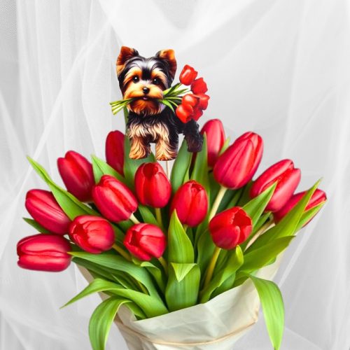 Nyomtatott dekorkarton - Yorkshire kutya virágcsokorral 2db/cs