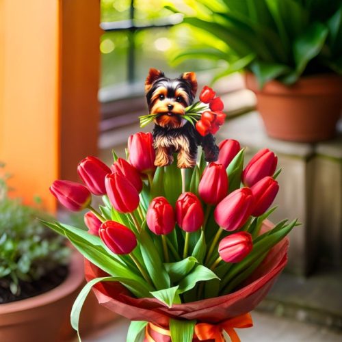 Nyomtatott dekorkarton - Yorkshire kutya virágcsokorral 2db/cs