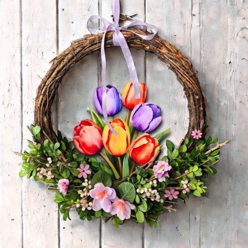 Nyomtatott dekorkarton - 6 szálas színes tulipáncsokor 1db