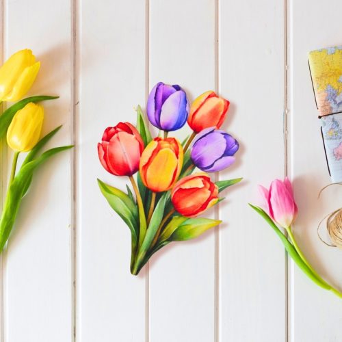 Nyomtatott dekorkarton - 6 szálas színes tulipáncsokor 1db