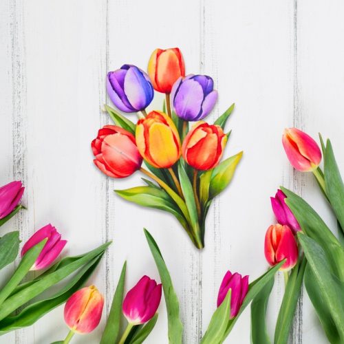 Nyomtatott dekorkarton - 6 szálas színes tulipáncsokor 1db