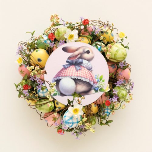 Nyomtatott fa tábla - Kerti nyuszi popi koszorú közép 11,8cm