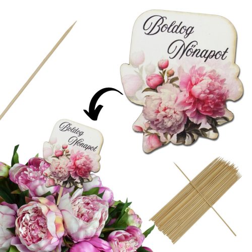 Nyomtatott dekorkarton - Boldog nőnapot virágos tábla - rózsaszín 4db/csomag