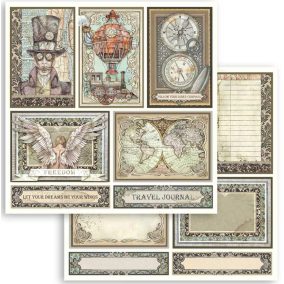   Scrapbook kétoldalas papír – utazási / steampunk témájú kártyák