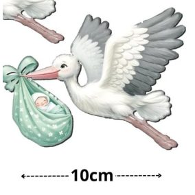   Nyomtatott dekorkarton - Gólya babával halványzöld 10 cm 