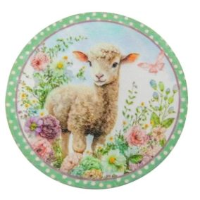   Kerek díszfigura húsvéti bárány a mezőn – UV nyomtatott karton, 11,8 cm