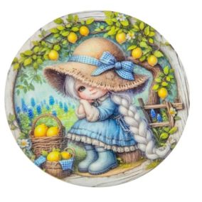  Kerek díszfigura egy kislányról citromokkal – UV nyomtatott karton, 11,8 cm