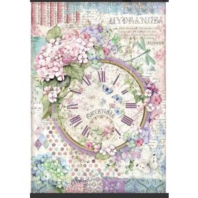   A4 rizspapír dekupázshoz – romantikus dizájn hortenziákkal, vintage órával és pasztell virágmotívumokkal