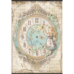   A4 rizspapír dekupázshoz – Vintage Alice Csodaországban óra pillangókkal, mese stílusban