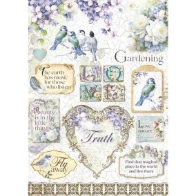   A4 rizspapír dekupázs technikához - „Kertszeretet és természet” téma, finom virágok és madarak romantikus vintage stílusban