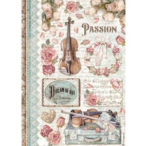   A4 rizspapír dekupázs - Romantikus téma, hegedű és vintage rózsák
