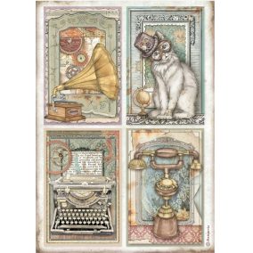   Dekupázs rizspapír A4 - Vintage Steampunk kollekció: Gramofon, Elegáns macska, Írógép és Retro telefon