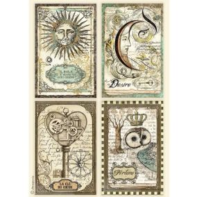   RizspapírA4 - dekupázs technikához - Vintage kollekció „Nap, Hold, Szívkulcs és Szerencsebagoly”
