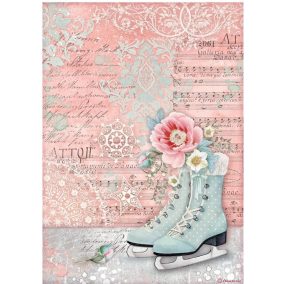   Rizspapír A4 - dekupázshoz, téli témához, vintage korcsolyákhoz és romantikus virágokhoz