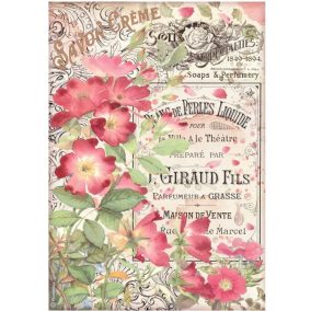   Dekupázs rizspapír A4 - Vintage francia parfüm stílus, romantikus piros virágok