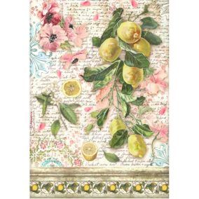   Rizspapír dekupázs technikához A4 - vintage citrom motívum, rózsaszín virágok és kalligrafikus szöveges háttér