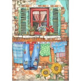   Rizspapír dekupázs technikához A4 - Rusztikus olasz ablak virágokkal, ruhákkal és napraforgókkal