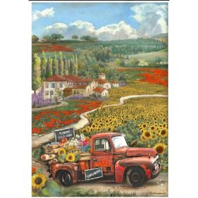   Rizspapír A4 - Vidéki tájkép vintage teherautóval és napraforgómezővel