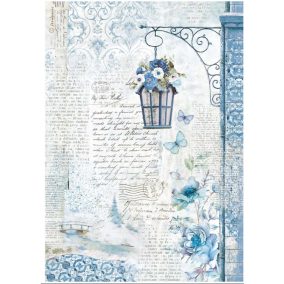   A4 rizspapír - shabby chic kék, virágos és vintage részletekkel díszített lámpás