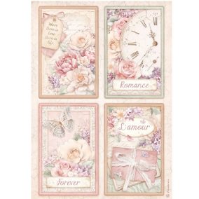   A4 Decoupage rizspapír – romantikus kollekció „Romance & Forever” rózsákkal, vintage órával és shabby chic motívumokkal