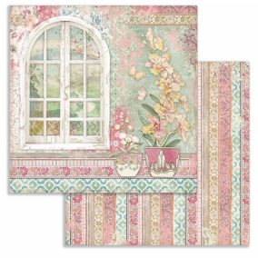   Kétoldalas scrapbook papír – Romantikus ablak virágokkal, vintage stílusú – 30,5 × 30,5 cm