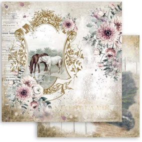   Kétoldalas scrapbook papír – Romantikus vintage dizájn lovakkal és virágos elemekkel