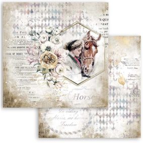   Scrapbook kétoldalas papír – 30,5 x 30,5 cm – vintage dizájn ló és romantikus témával