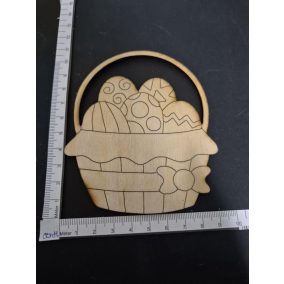   Fából készült húsvéti kosárfigura tojásokkal (11x8,5 cm).
